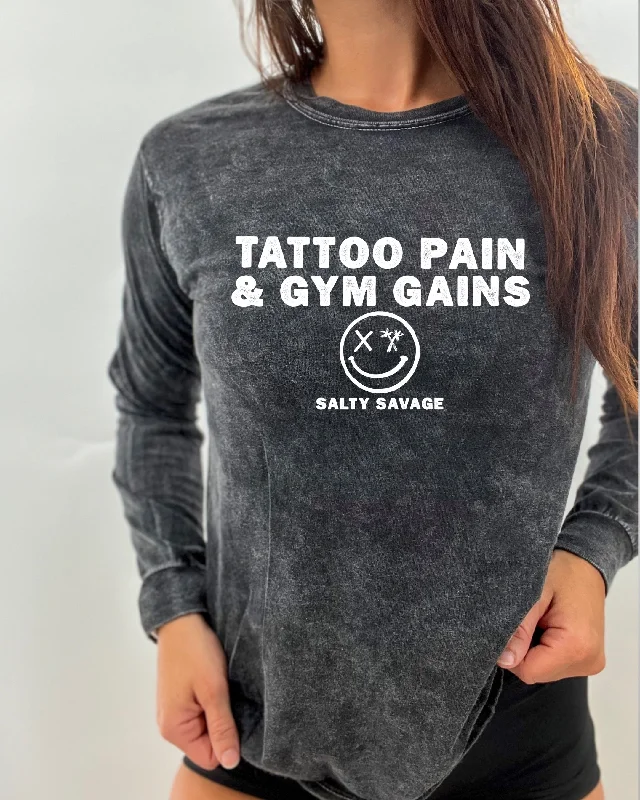 Salty Savage Unisex "TATTOO PAIN & GYM GAINS" Mineral Washed Long Sleeve Tee