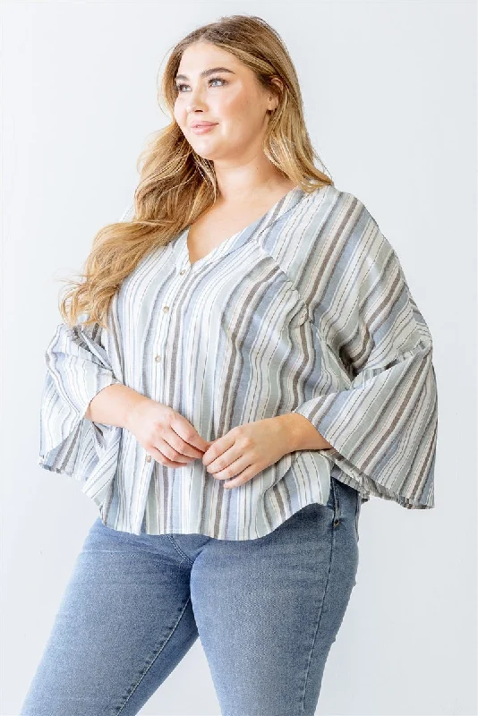 Plus size women's cotton topsPlus Light Blue Stripe Print Cotton Button-up Flare Hem Top