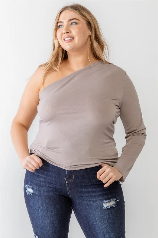 Plus size women's denim topsPlus Mocha Textured One Shoulder Top