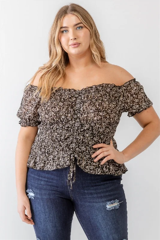 Large women's pullover topsPlus Floral Chiffon Ruched Smocked Off-the-shoulder Top