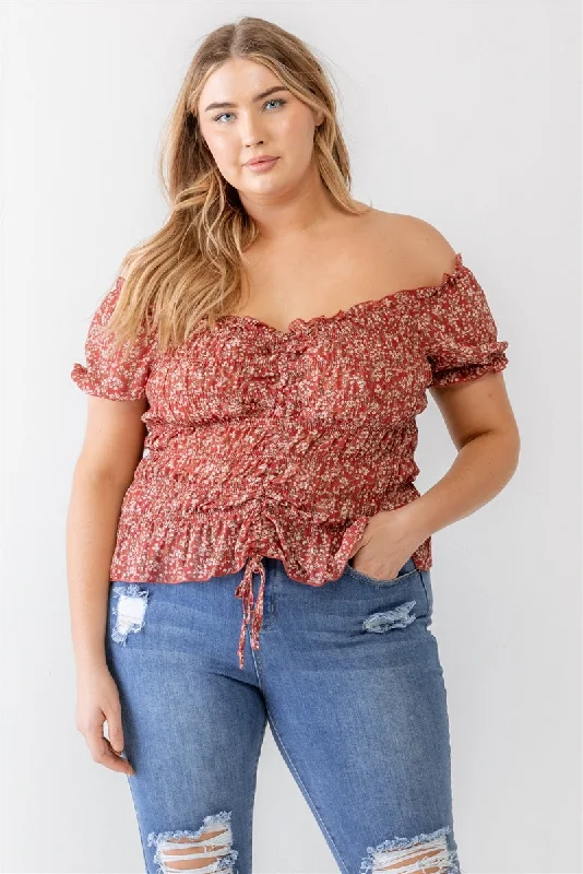 Large women's cropped topsPlus Floral Chiffon Ruched Smocked Off-the-shoulder Top