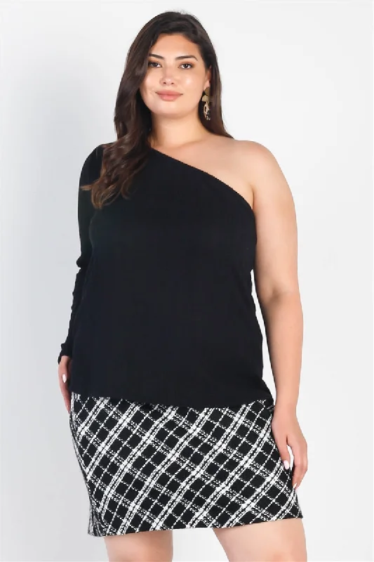 Plus size women's hollow topsPlus Black Ribbed One Shoulder Top