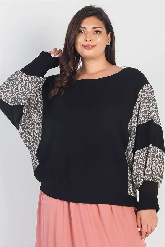 Plus size women's patchwork topsPlus Black Flannel Leopard Print Colorblock Dolman Sleeve Top