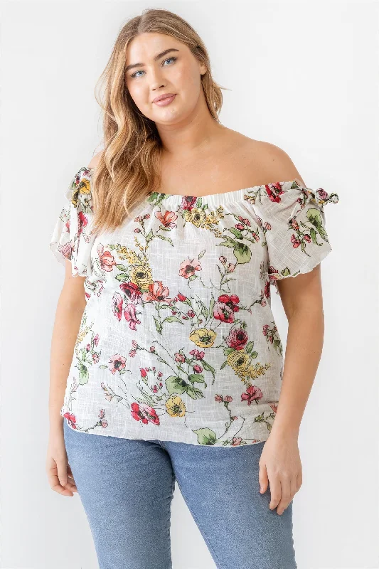 Large women's sweat-wicking topsPlus Ivory Floral Print Woven Linen Blend Off-the-shoulder Relax Top