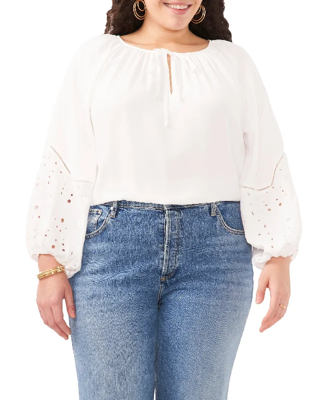 Women's thick topsPlus-Size Embroidered-Sleeve Split Neck Blouse