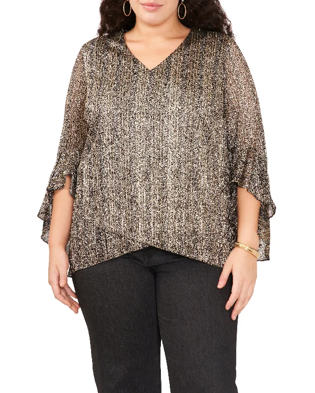 Large women's cardigan topsPlus-Size Metallic Stripe Flutter Sleeve Blouse