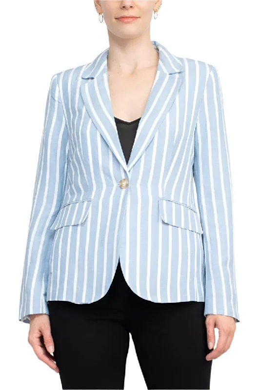 Philosophy Notched Collar Long Sleeve One Button Closure Stripe Pattern Linen Blazer