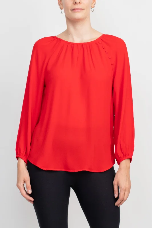 Counterparts Crew Neck Long Sleeve Embellished Shoulder Solid Crepe Blouse