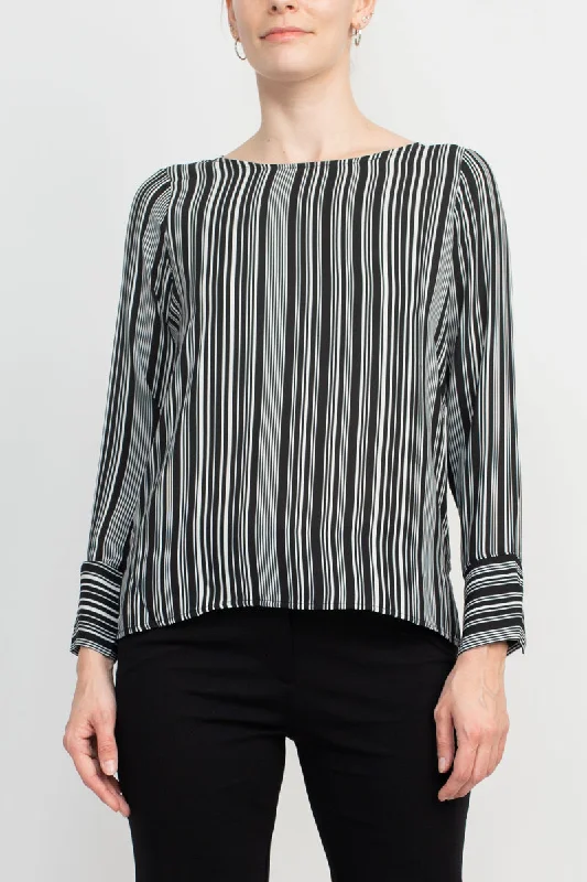 Counterparts Boat Neck Cuffed Long Sleeve Stripe Print Crepe Top