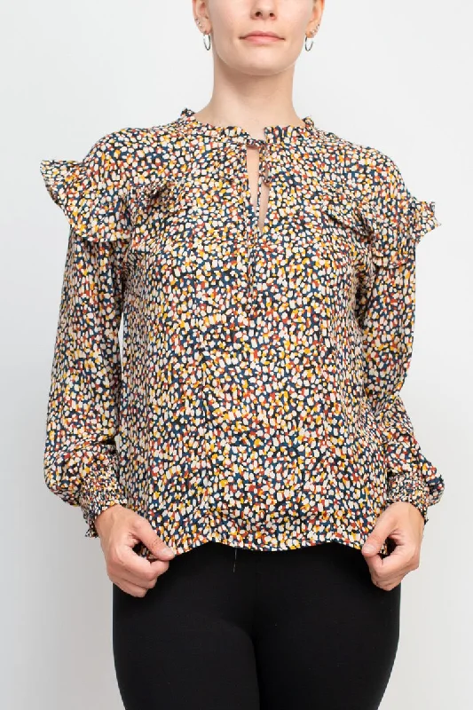 Counterparts crew tie neck elastic cuff long sleeve ruffle multi print chiffon top