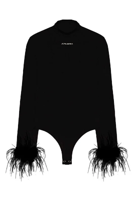 BLACK LONG SLEEVE FEATHER LOGO BODYSUIT