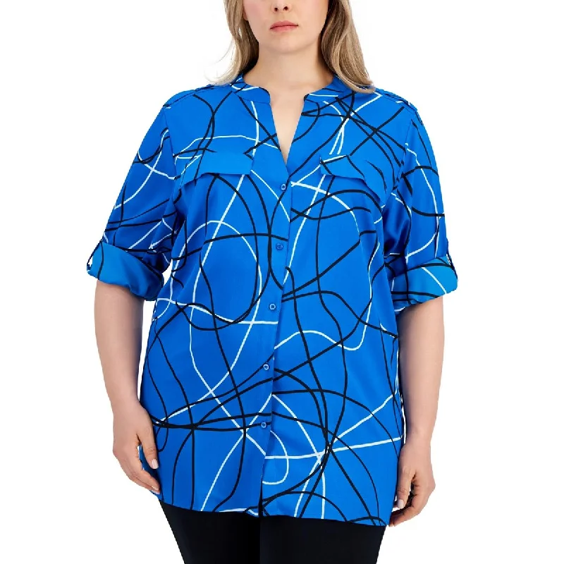 Fashionable plus size women's topsCalvin Klein Womens Plus Printed  Button-Down Top