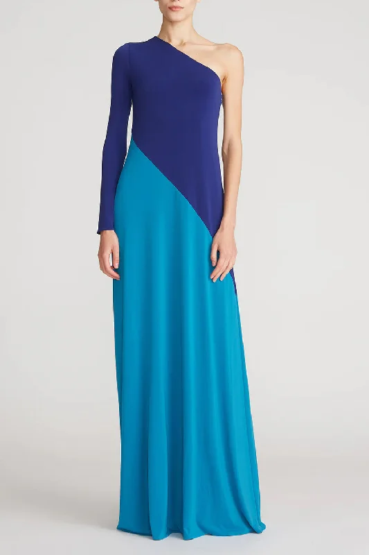 Halston one shoulder long sleeve color blocked jersey gown