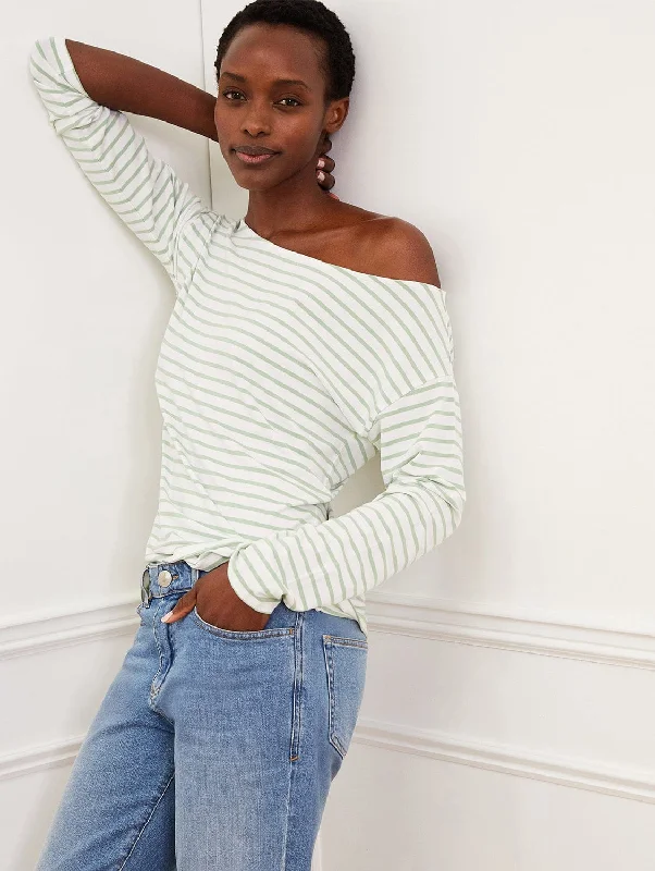 Jade LENZING™ ECOVERO™ Striped Long Sleeve Top | Pure White & Jade Stone