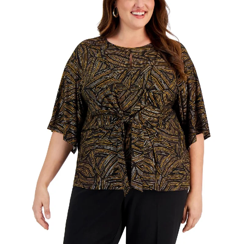 Plus size women's printed topsKasper Womens Plus Printed Tie Front Blouse