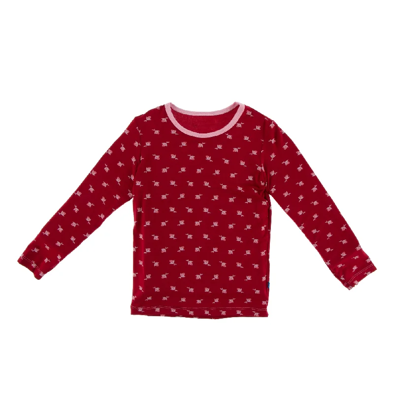 Kickee Pants Print Long Sleeve Girl's Fitted Tee - Candy Apple Rose Bud