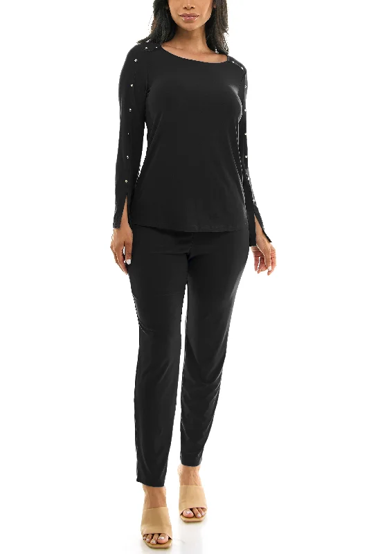 Nina Leonard scoop neck embellished shoulder long sleeve with elastic waist pant