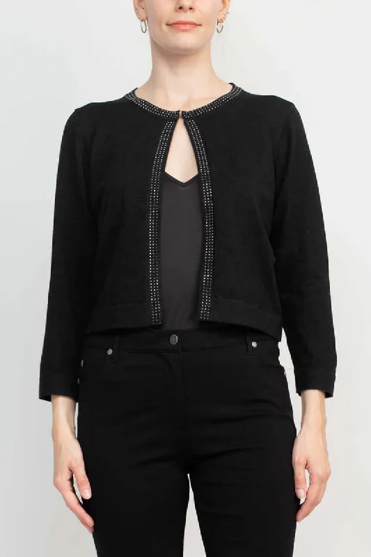 Nina Leonard Round Neck Embellished Open Front Long Sleeve Jacket