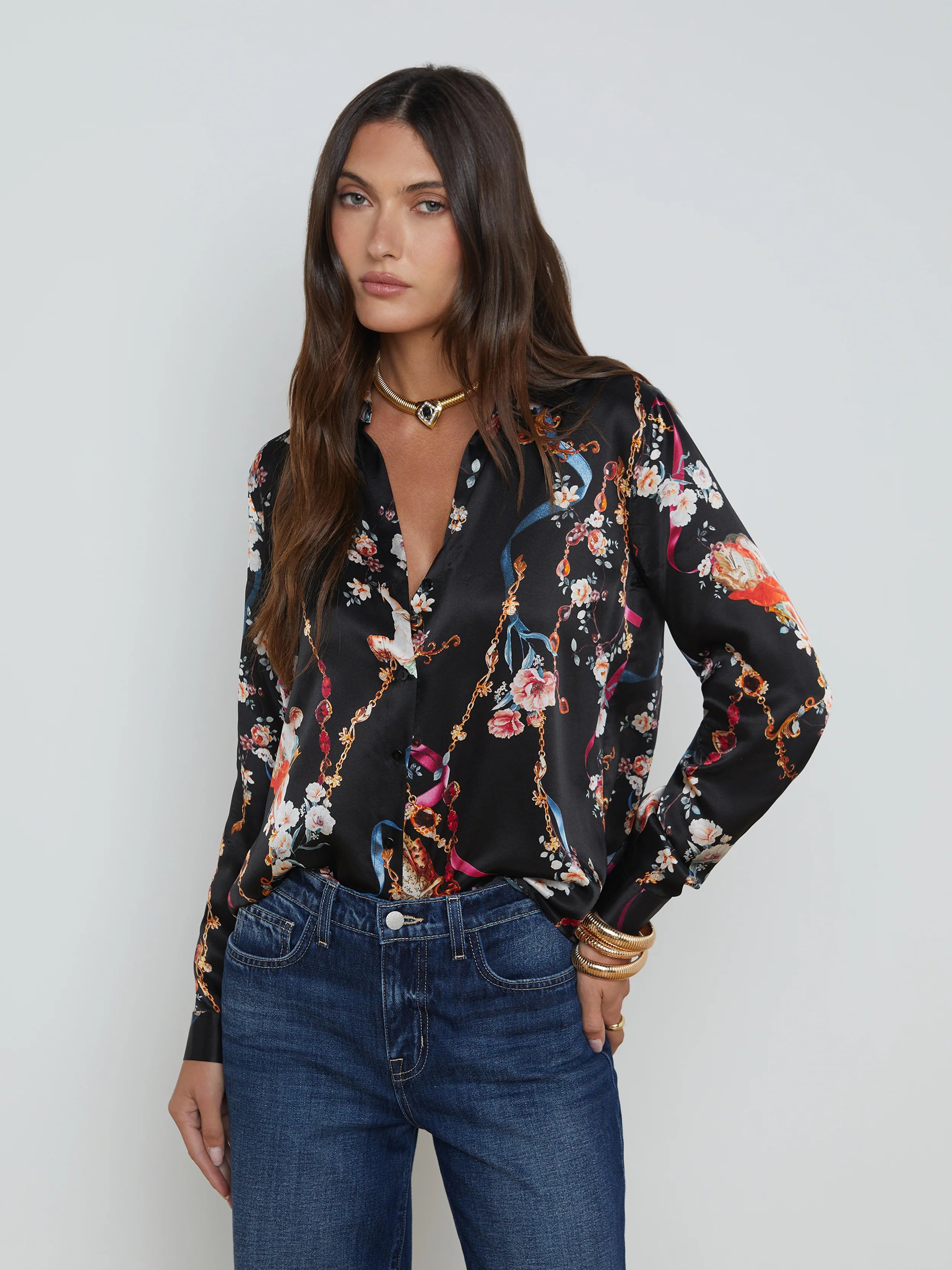 L'Agence Tyler Long Sleeve Blouse Black Multi Rococo