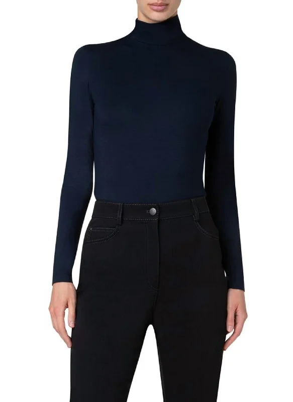 Long Sleeve Jersey Mock Neck Top In Navy