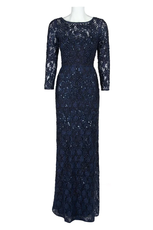 Aidan Mattox Scoop Neck Long Sleeve Keyhole Back Embellished Floral Lace Gown