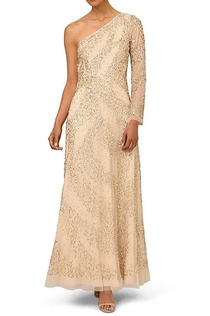 Aidan Mattox Beaded One Shoulder Long Sleeve A-Line Gown