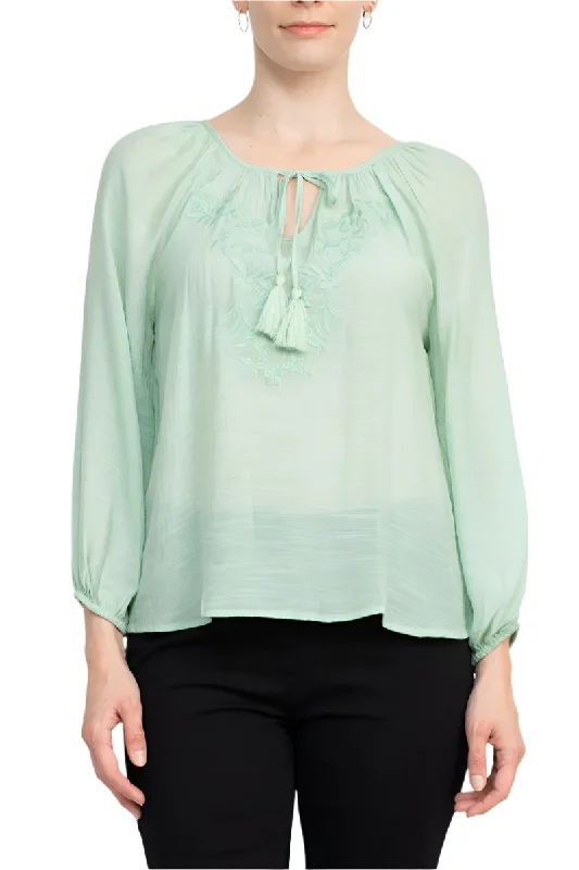 Zac & Rachel Crew Neck Tie Neck Long Sleeve Solid Rayon Top