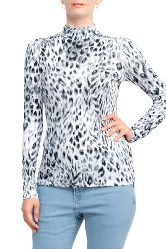 T Tahari High Neck Long Sleeve Animal Print Knit Top