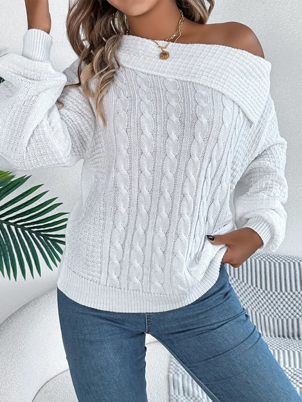 Asymmetric Lapel Off-shoulder Cable Knit Long Sleeve Sweaters