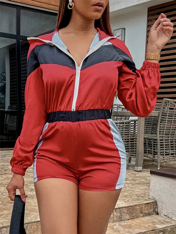 Colorblock Sporty Hooded Long Sleeve Romper