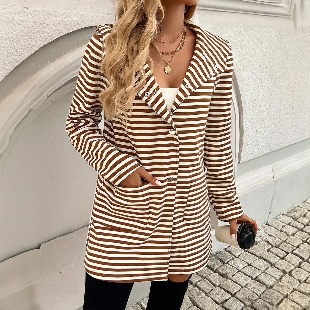 Long Sleeve Hooded Bi-color Striped Raincoat