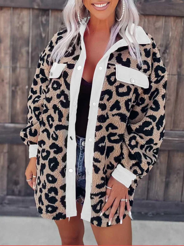 Large women's loose topsPlush Contrast Animal Print Button Jacket