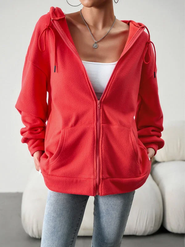 Large women's cropped topsPlush Fleece Kangaroo Pockets Zip-Up Hoodie Jacket