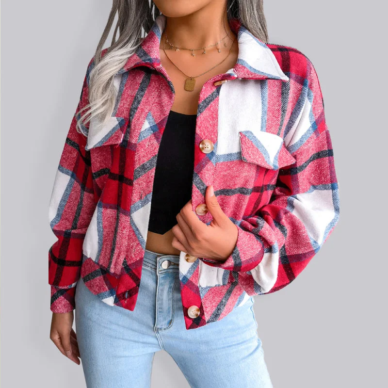 Large women's waist-baring topsPlush Thick Flannel Plaid Jacket